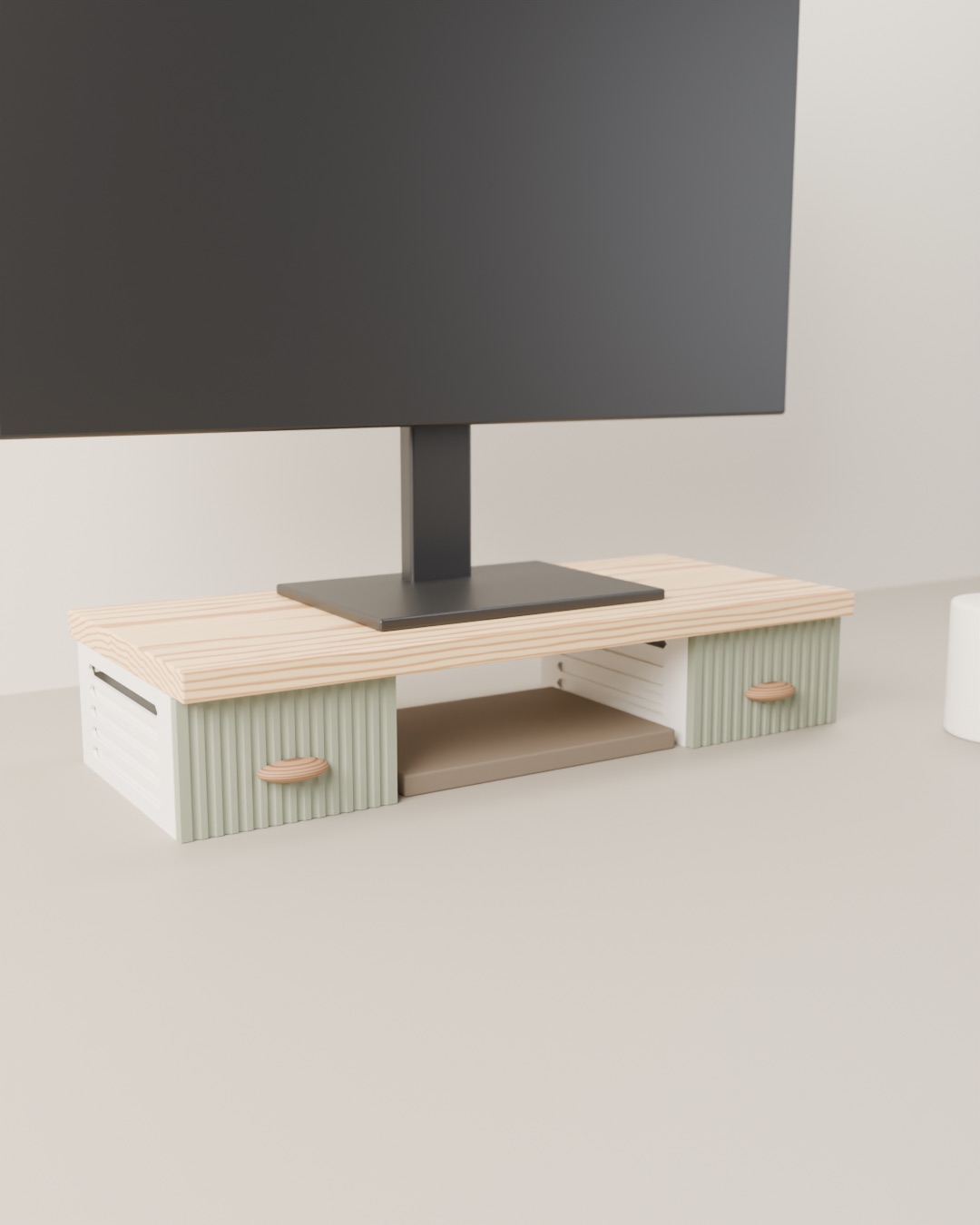 Suporte de monitor com tampo de madeira e gavetas impressas em 3D